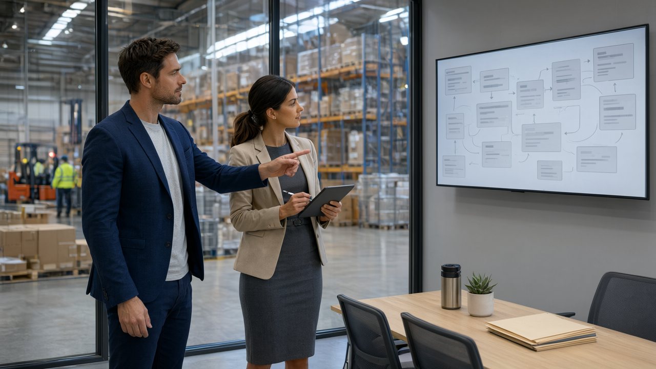 Dos consultores logísticos revisando un diagrama de procesos en una nave